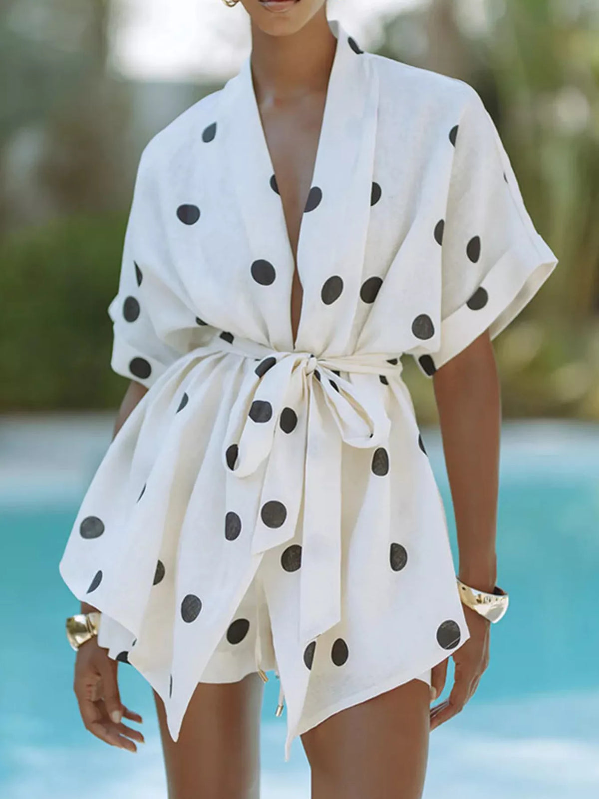 Polka dot tie waist top and shorts set front view