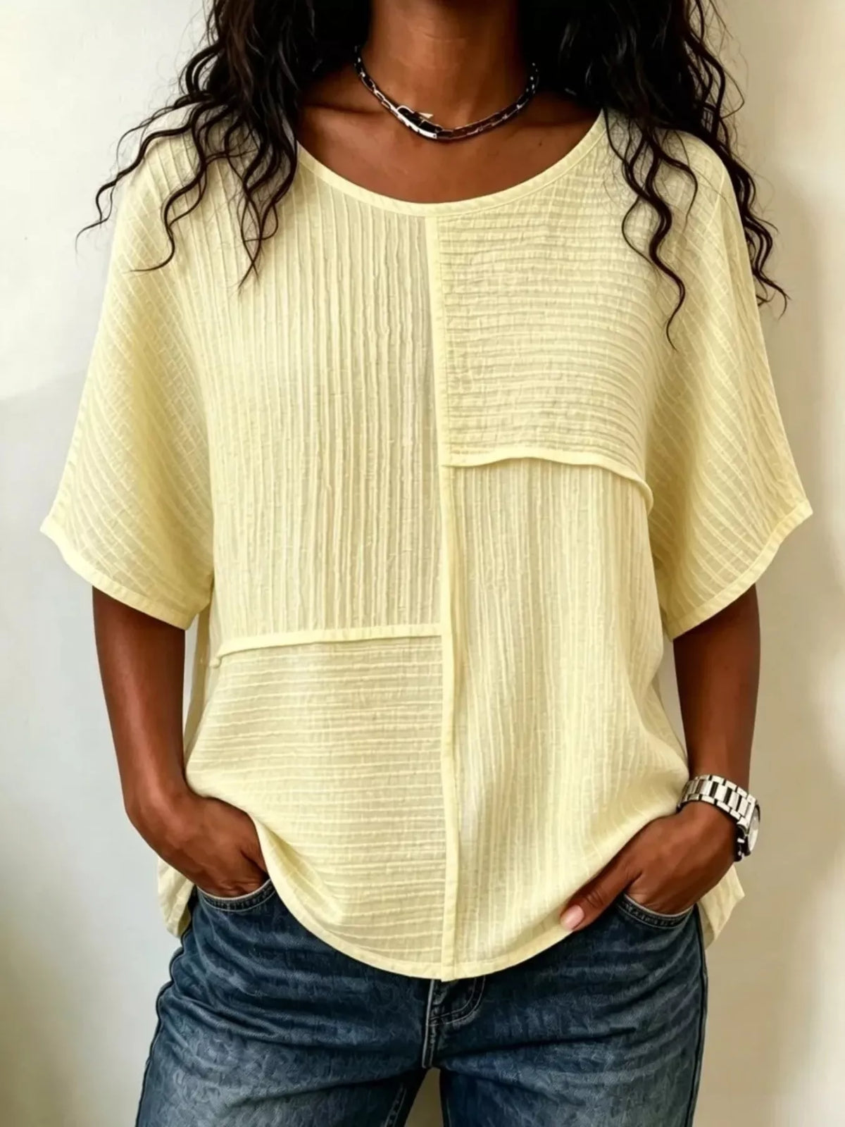 Textured Round Neck Half Sleeve Blouse, view 7