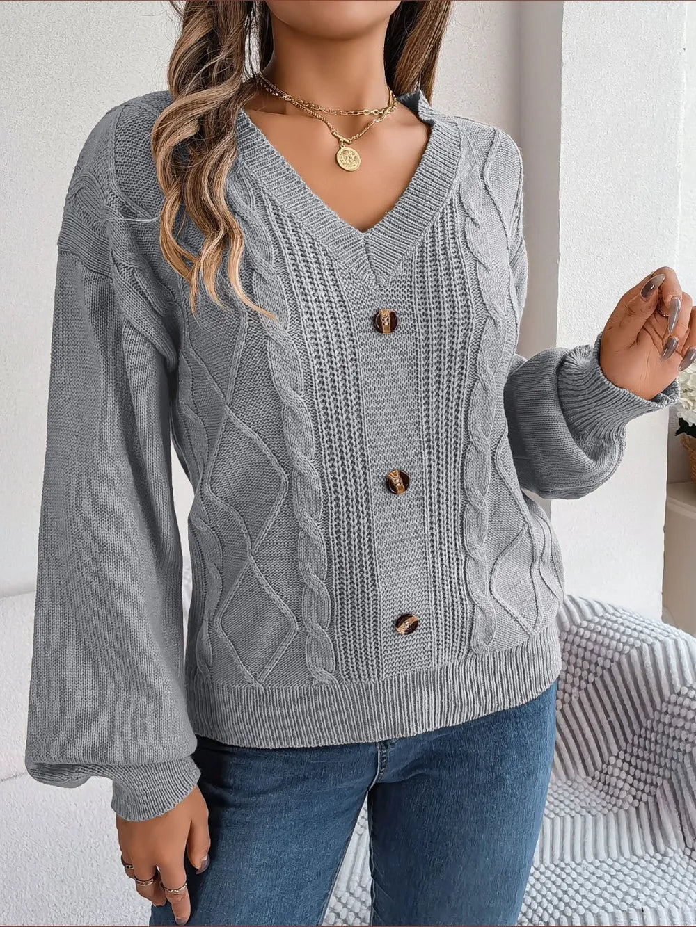 Cable-Knit Buttoned V-Neck Sweater - Fashorio