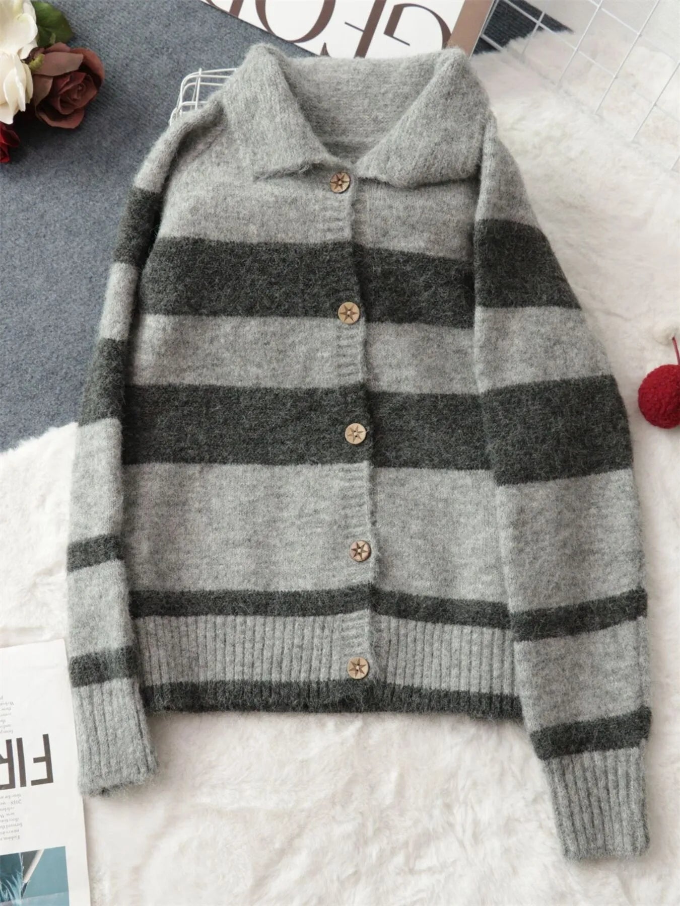 Striped Button-Up Cozy Cardigan - Fashorio