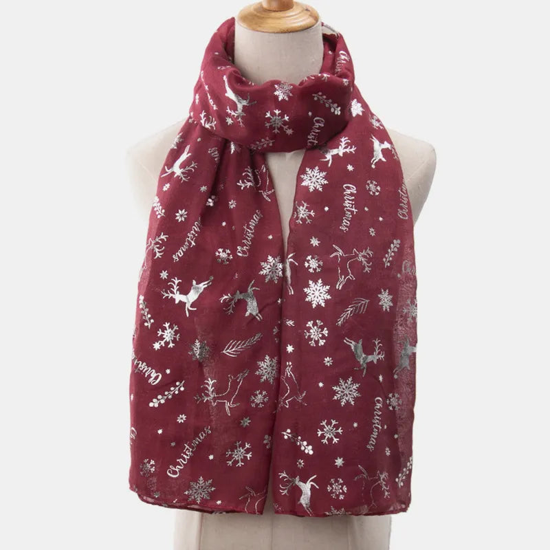 Dark navy Christmas scarf styled around the neck