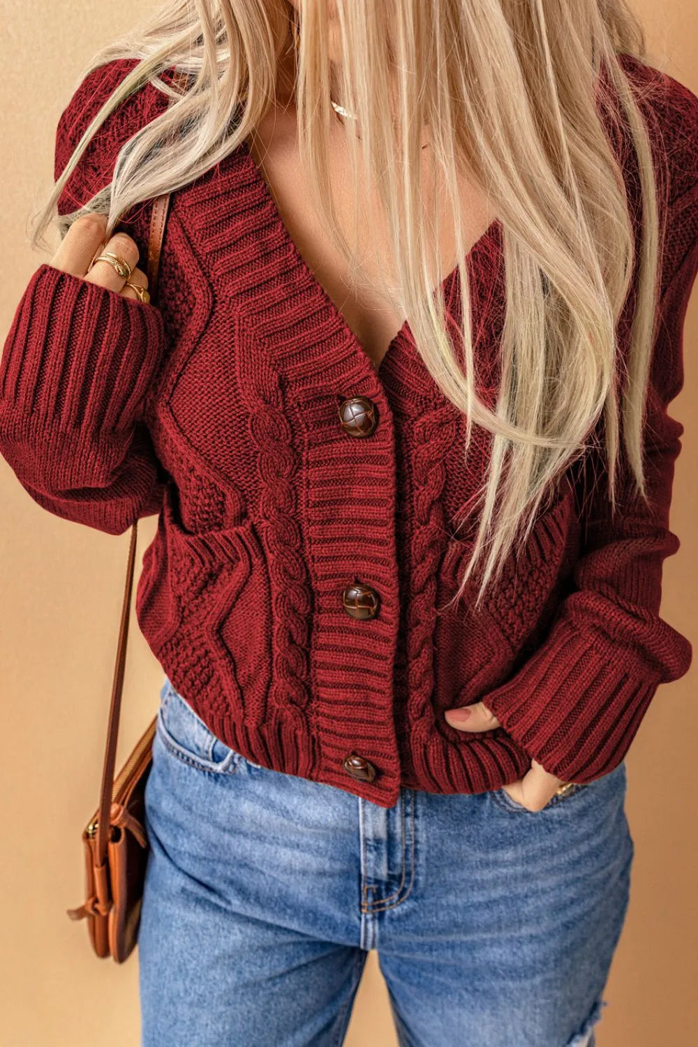 Cable-Knit Button Down V-Neck Cardigan - Fashorio