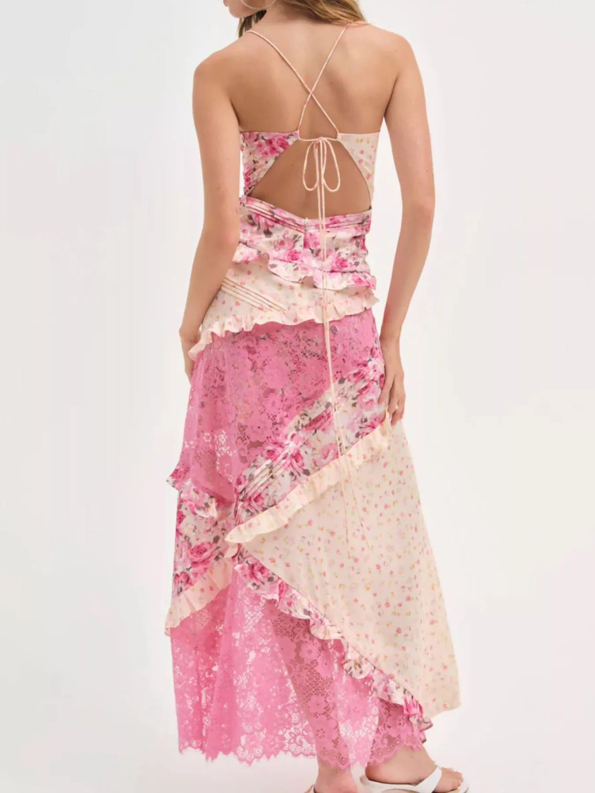 Lace detail ruffled floral v neck maxi dress, detail view 19