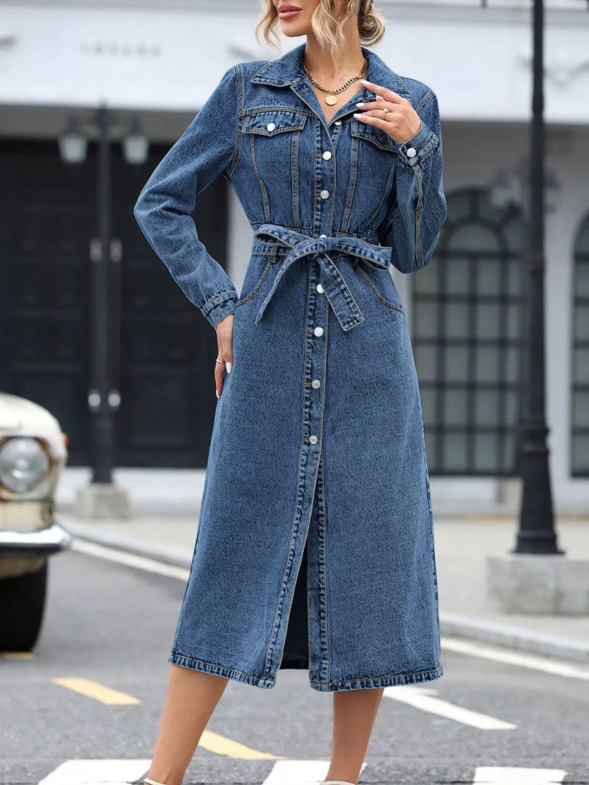Long sleeve denim dress styled with ankle boots