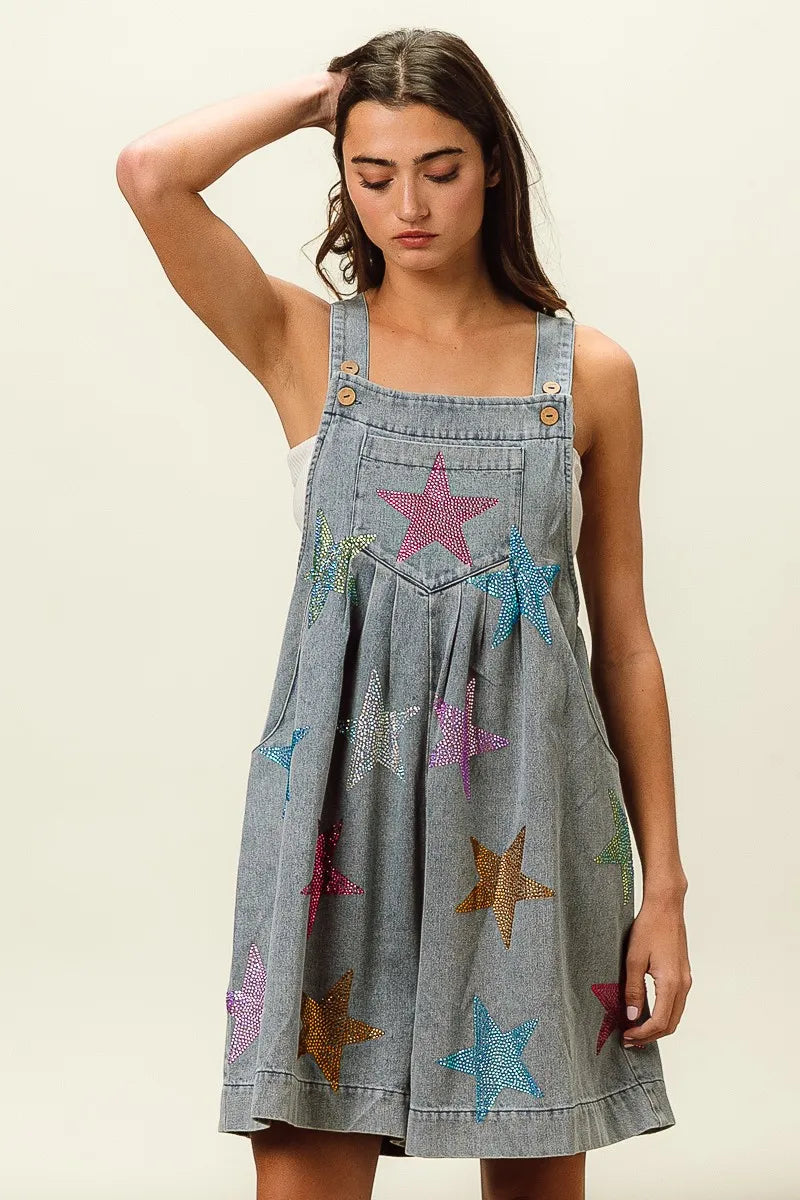 BiBi Star Rhinestone Washed Wide Leg Shortalls - Fashorio