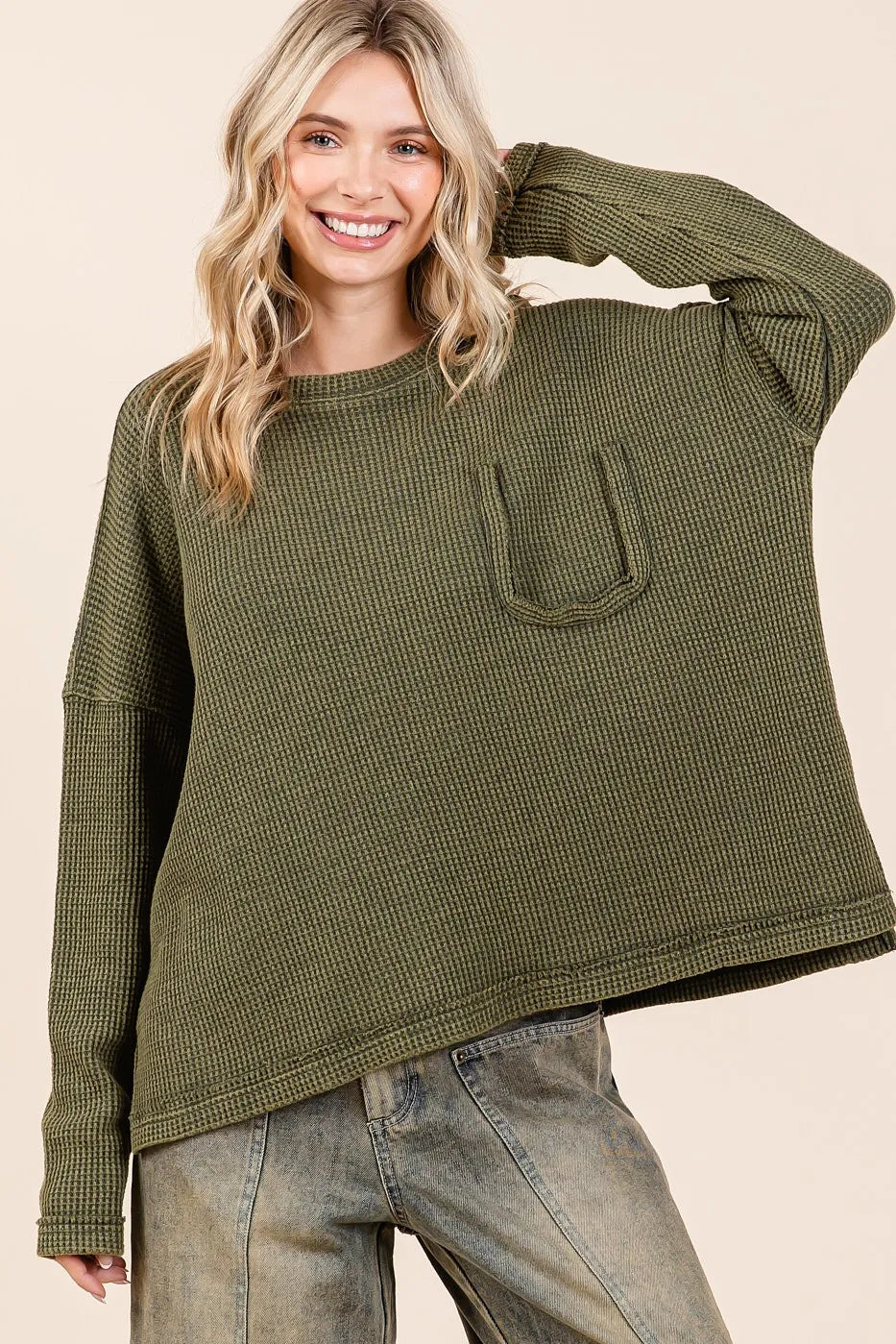 Mittoshop Mineral Wash Cutout Pocket Long Sleeve Waffle Top - Fashorio