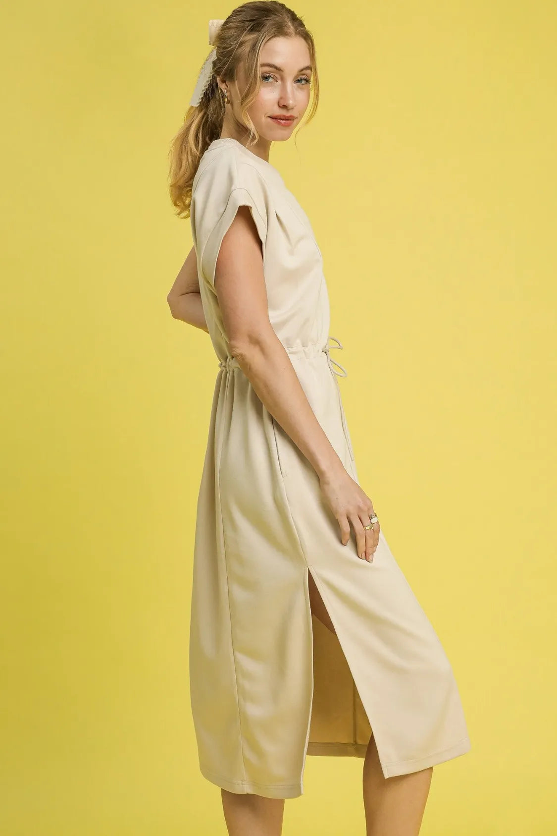 Tie waist detail on ecru midi dress