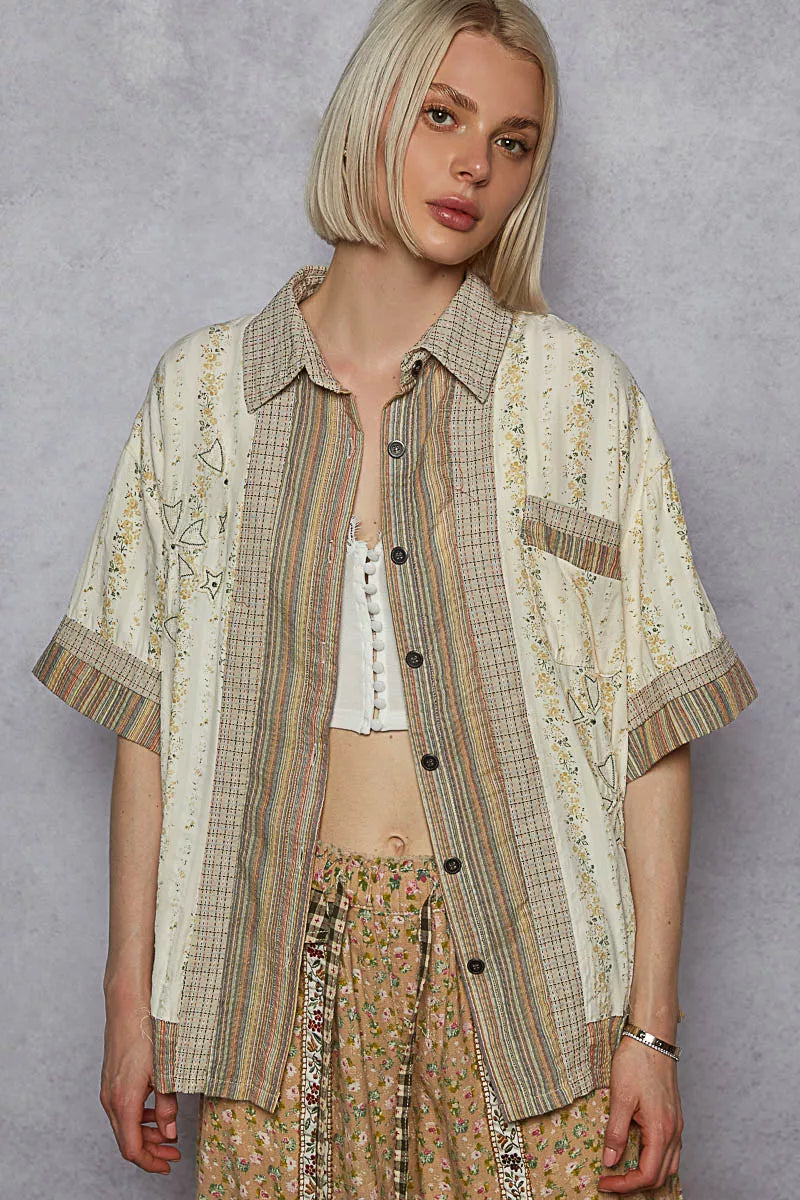 Printed patchwork button down short sleeve shirt front view
