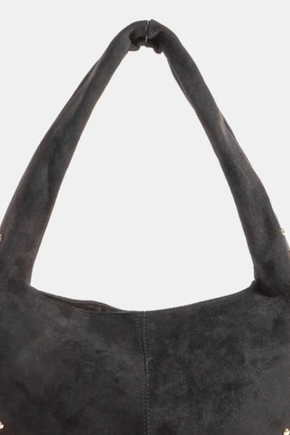 Fame Metallic Studded Faux Suede Hand Bag - Fashorio