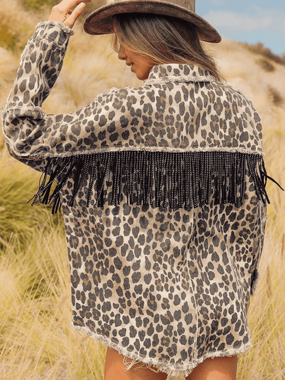 Leopard Fringe Detail Collared Neck Denim Jacket - Fashorio