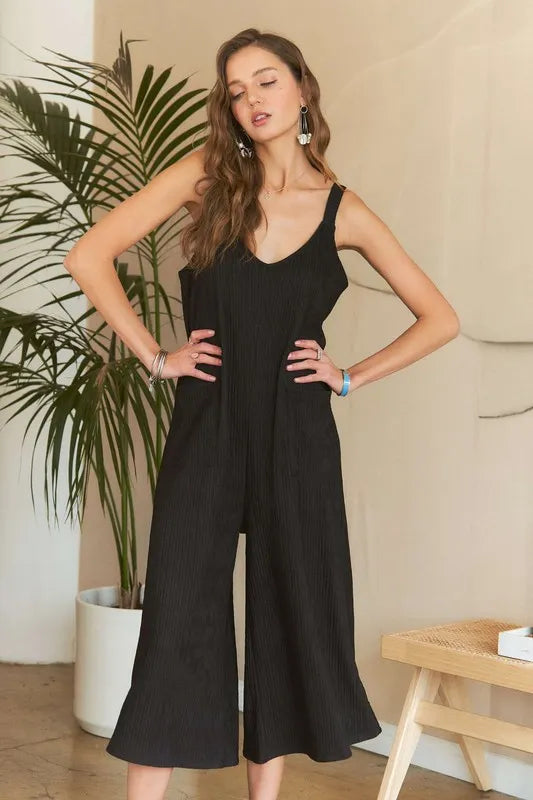 Black Textured Wide Leg Jumpsuit side view