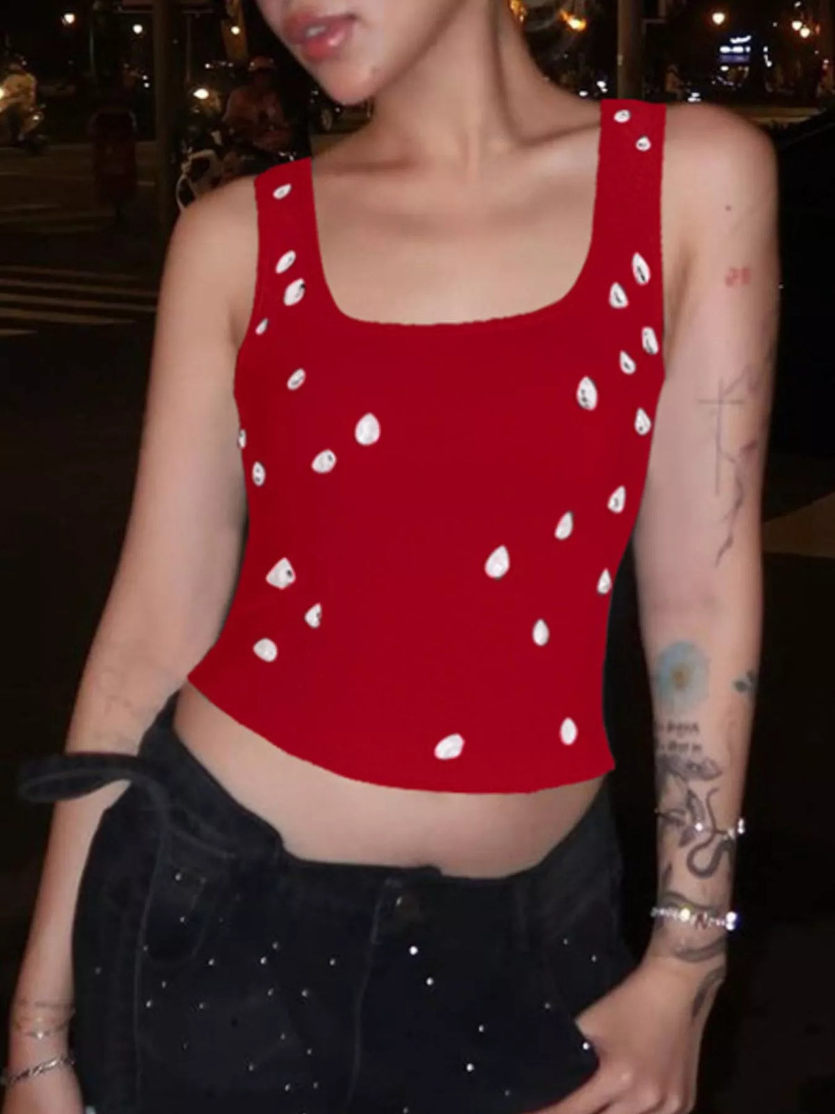 Full styling view of the womens rhinestone tank top