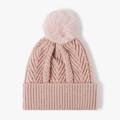 Cable Knit Solid Color Hat with Pompom Dusty Pink One Size - Fashorio