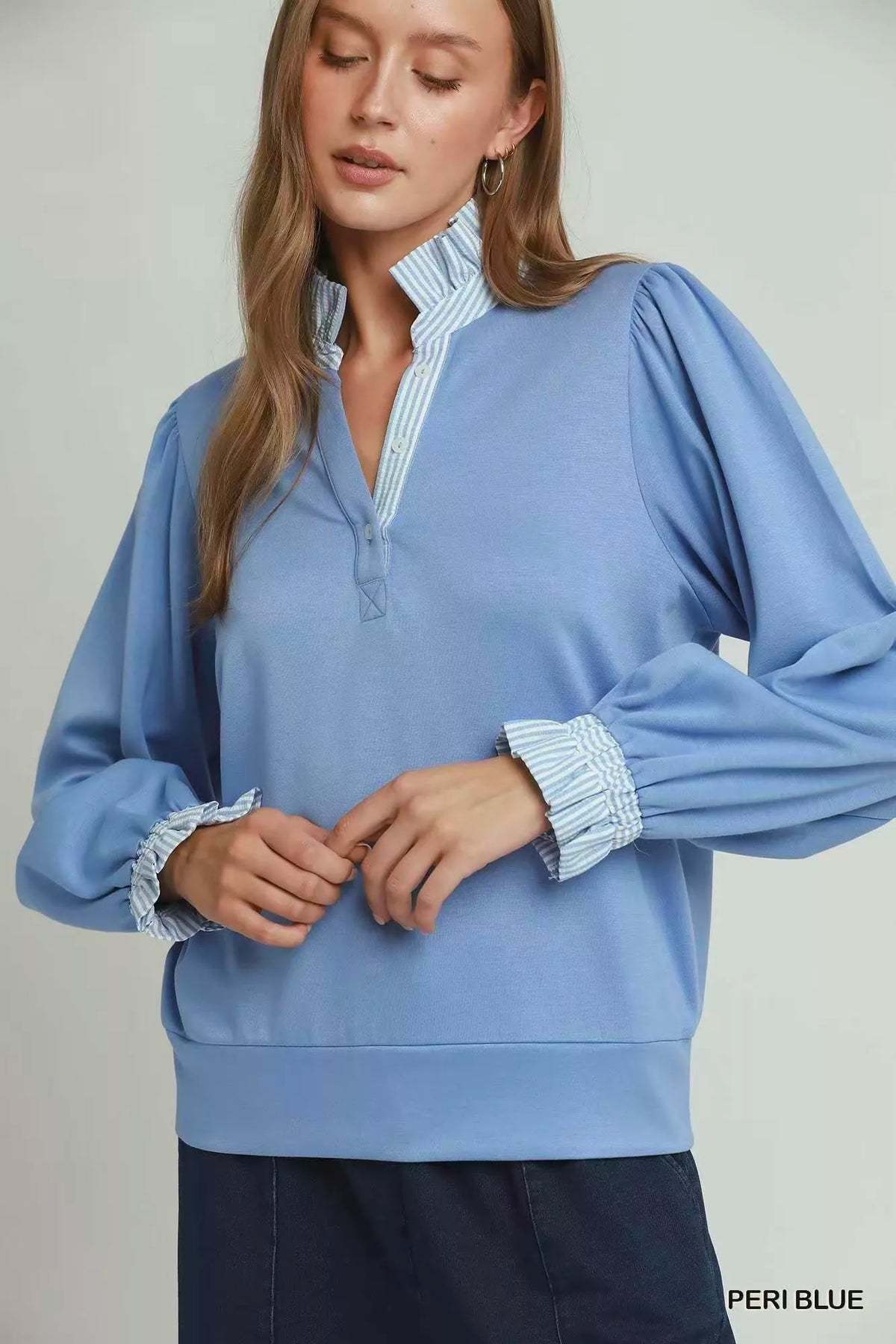 Umgee periwinkle blue striped ruffle neck top, front view
