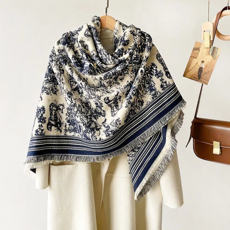 Printed raw hem scarf in a vivid peacock blue