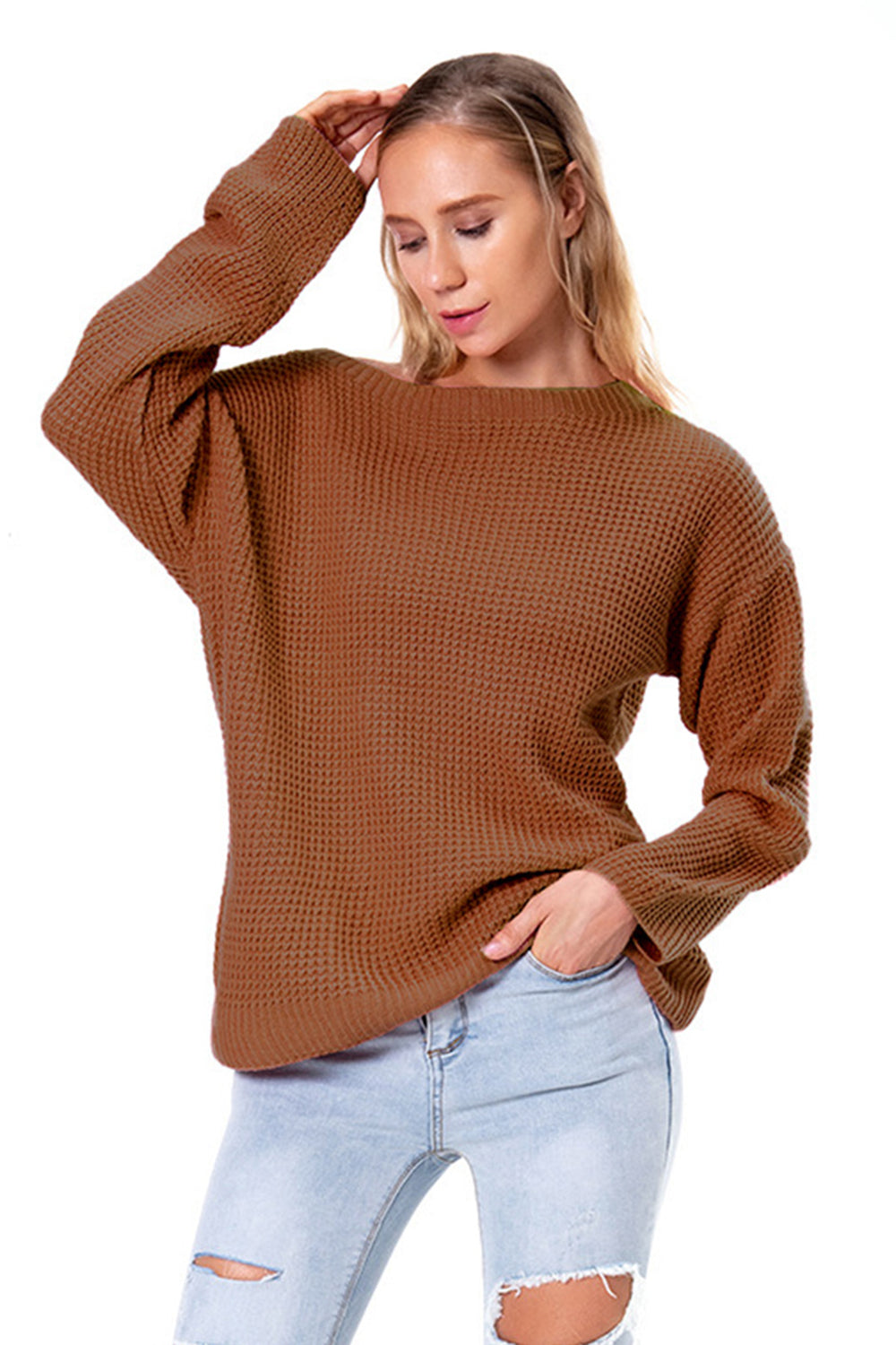 Boat Neck Drop Shoulder Long Sleeve Sweater - Fashorio
