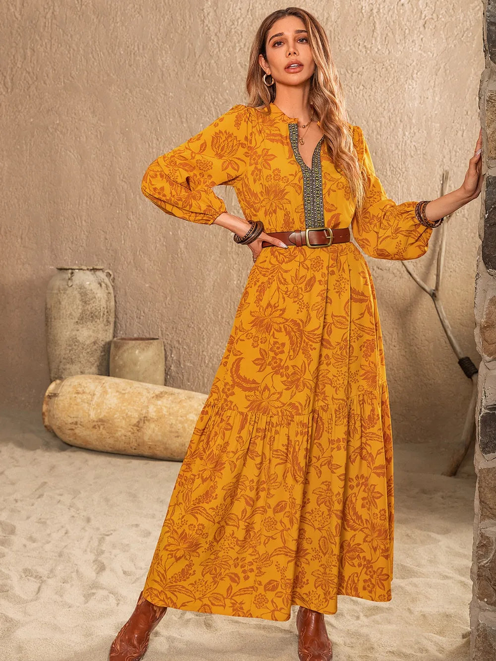 Printed notched balloon sleeve maxi dress in mustard side view