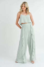 MABLE Crop Cami and Ruffled Wide Leg Pants Set Lt Mint - Fashorio