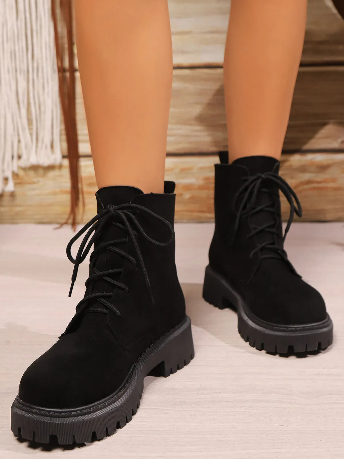 black lace up block heel boots close detail