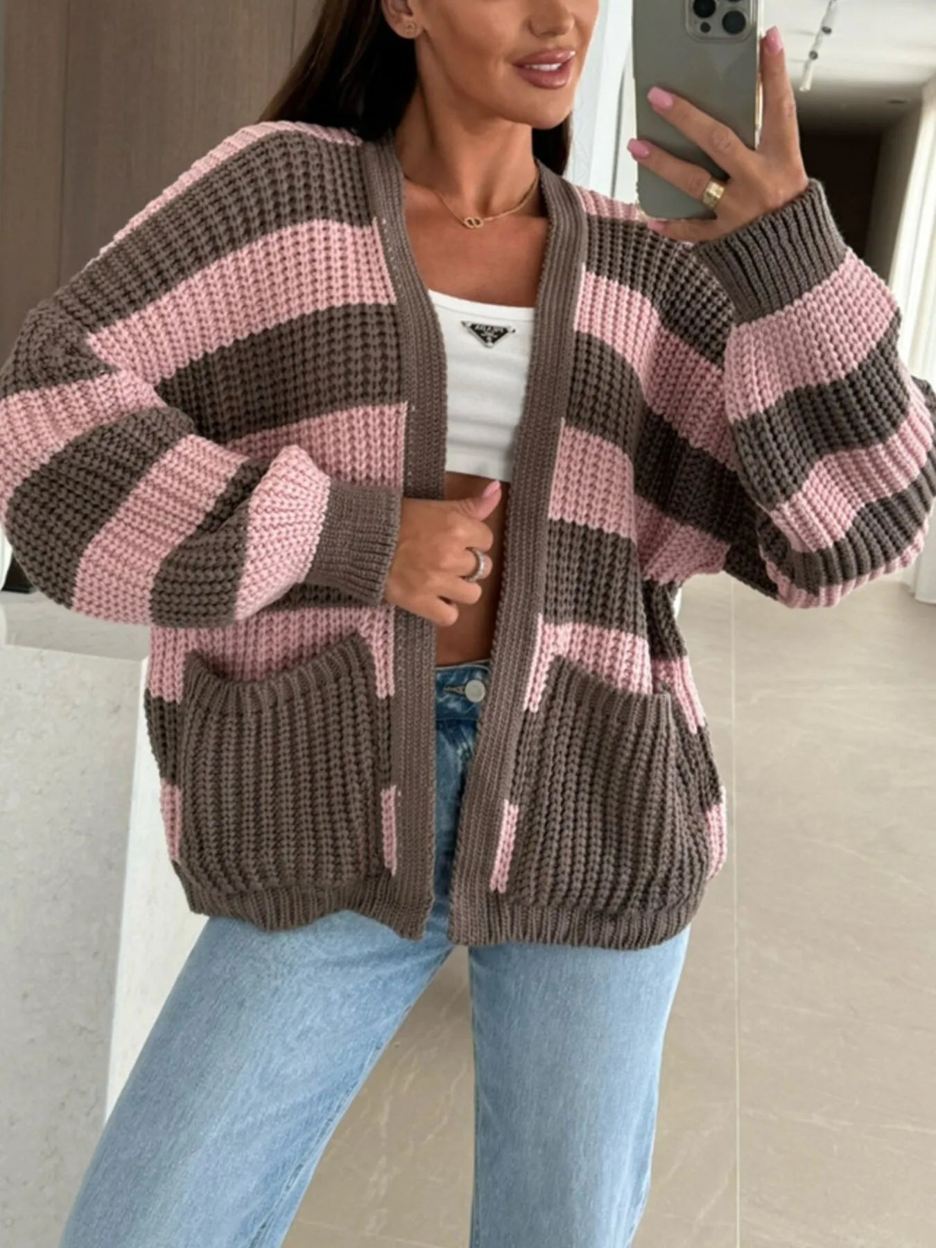 Striped Open Front Long Sleeve Cardigan - Fashorio