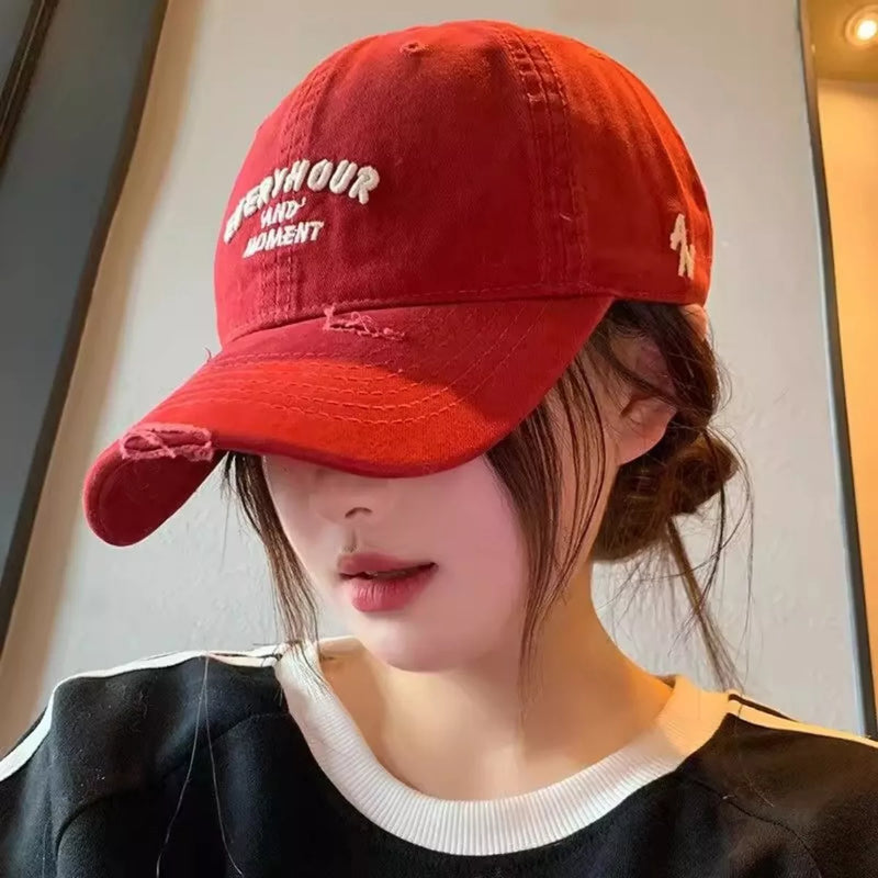 Distressed embroidered baseball cap, front view