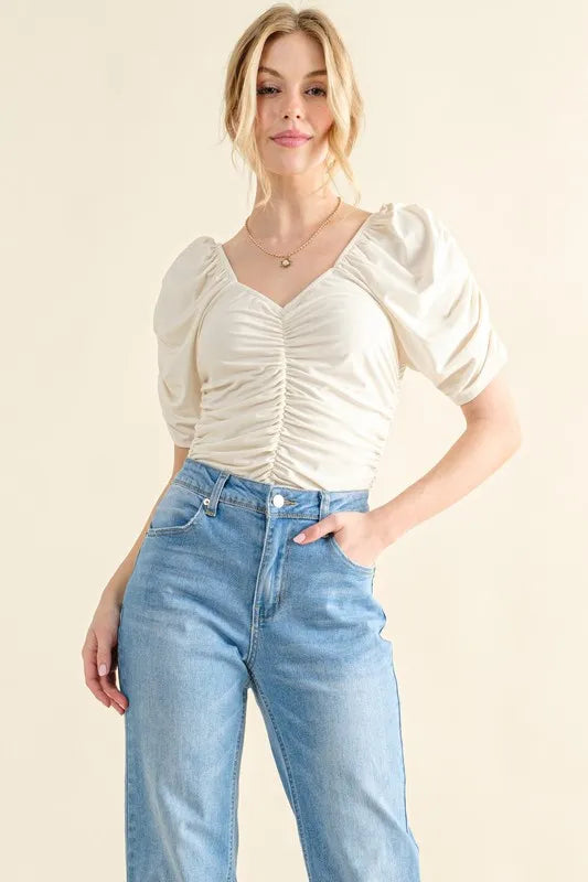 And The Why Buttery Soft Ruched Detailed Jersey Bodysuit Ivory - Fashorio