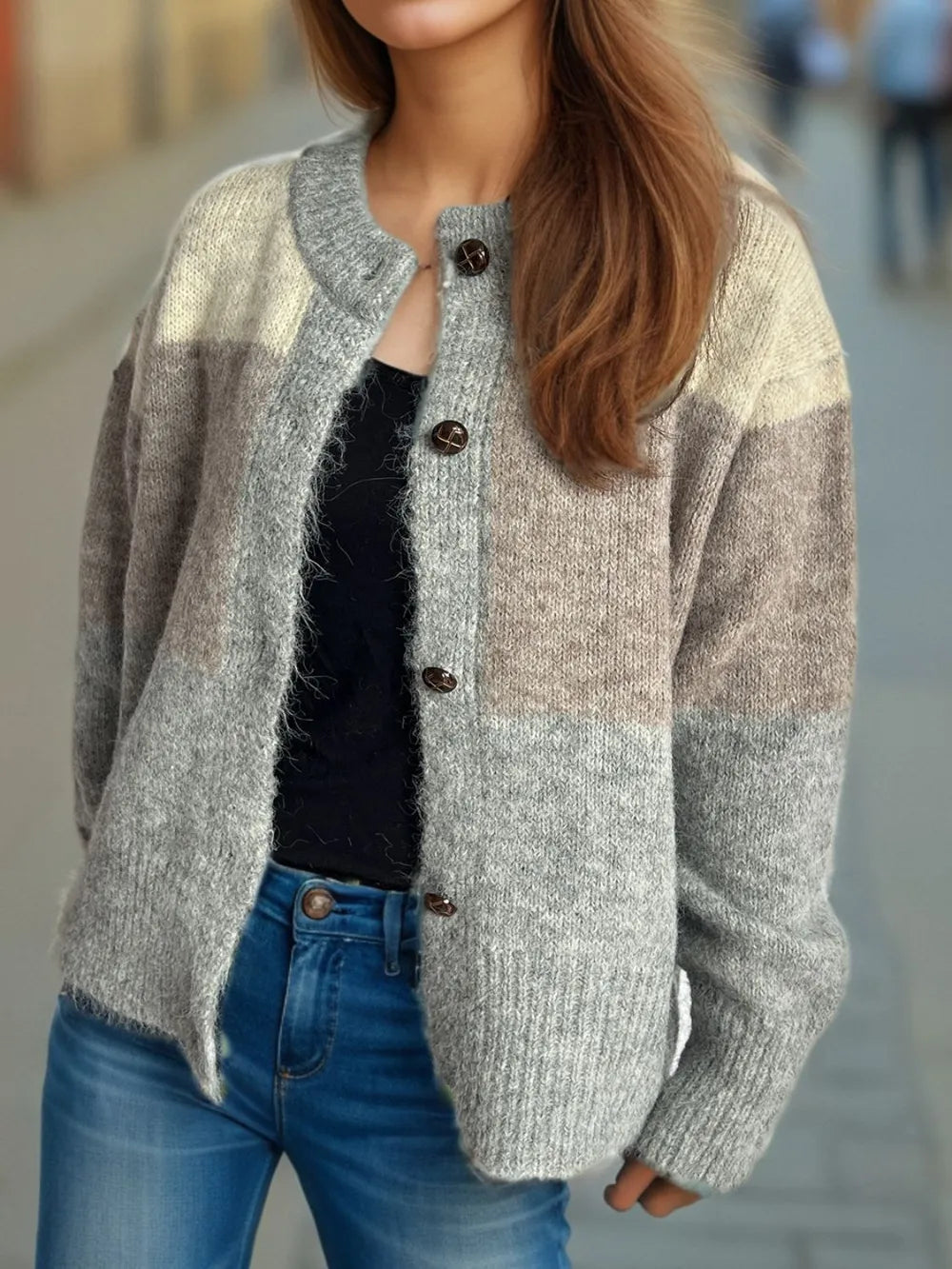 Color Block Round Neck Button Up Cardigan - Fashorio