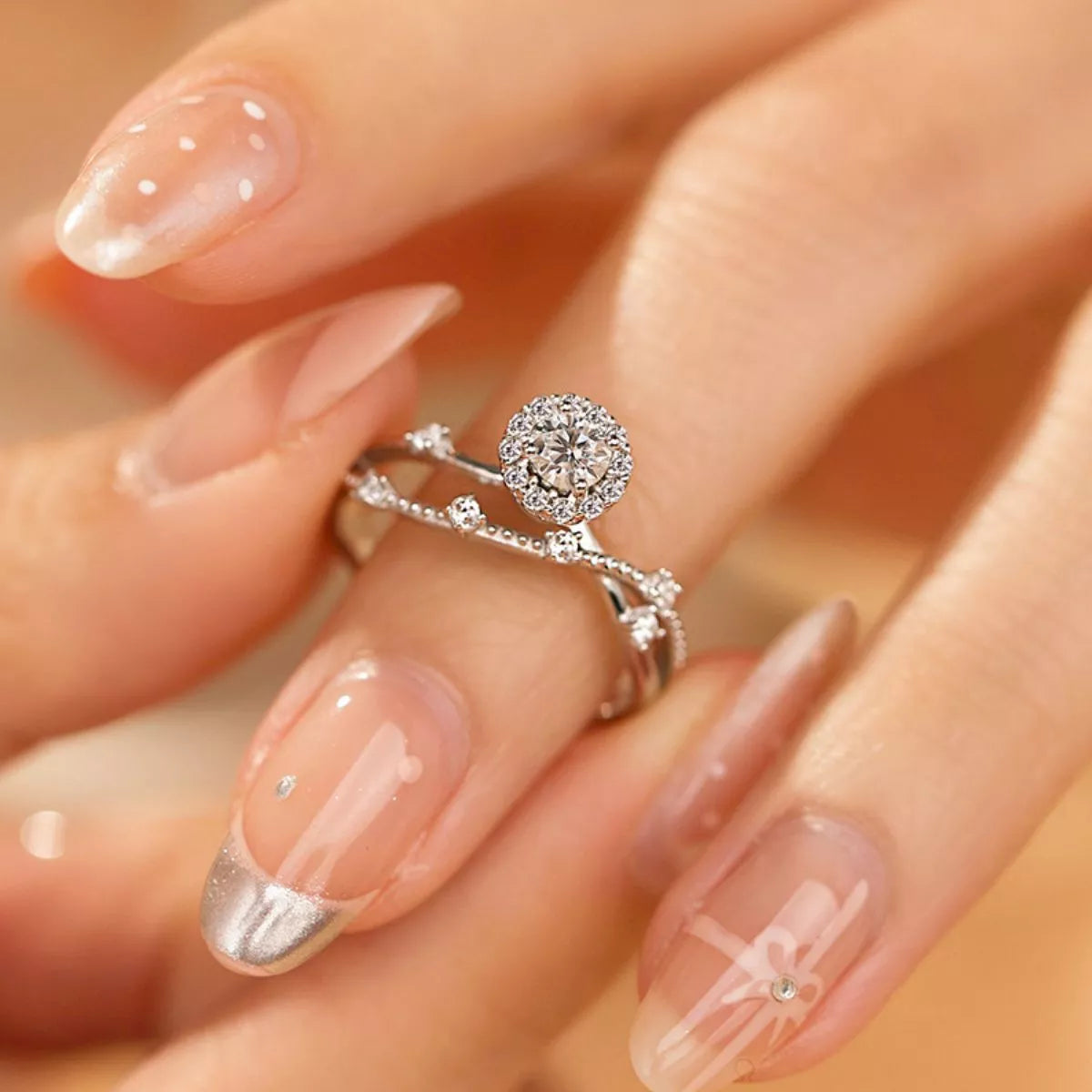 Sterling silver moissanite layered ring full length view