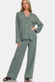 Zenana Button Down Long Sleeve Top and Pants Lounge Set Sage - Fashorio
