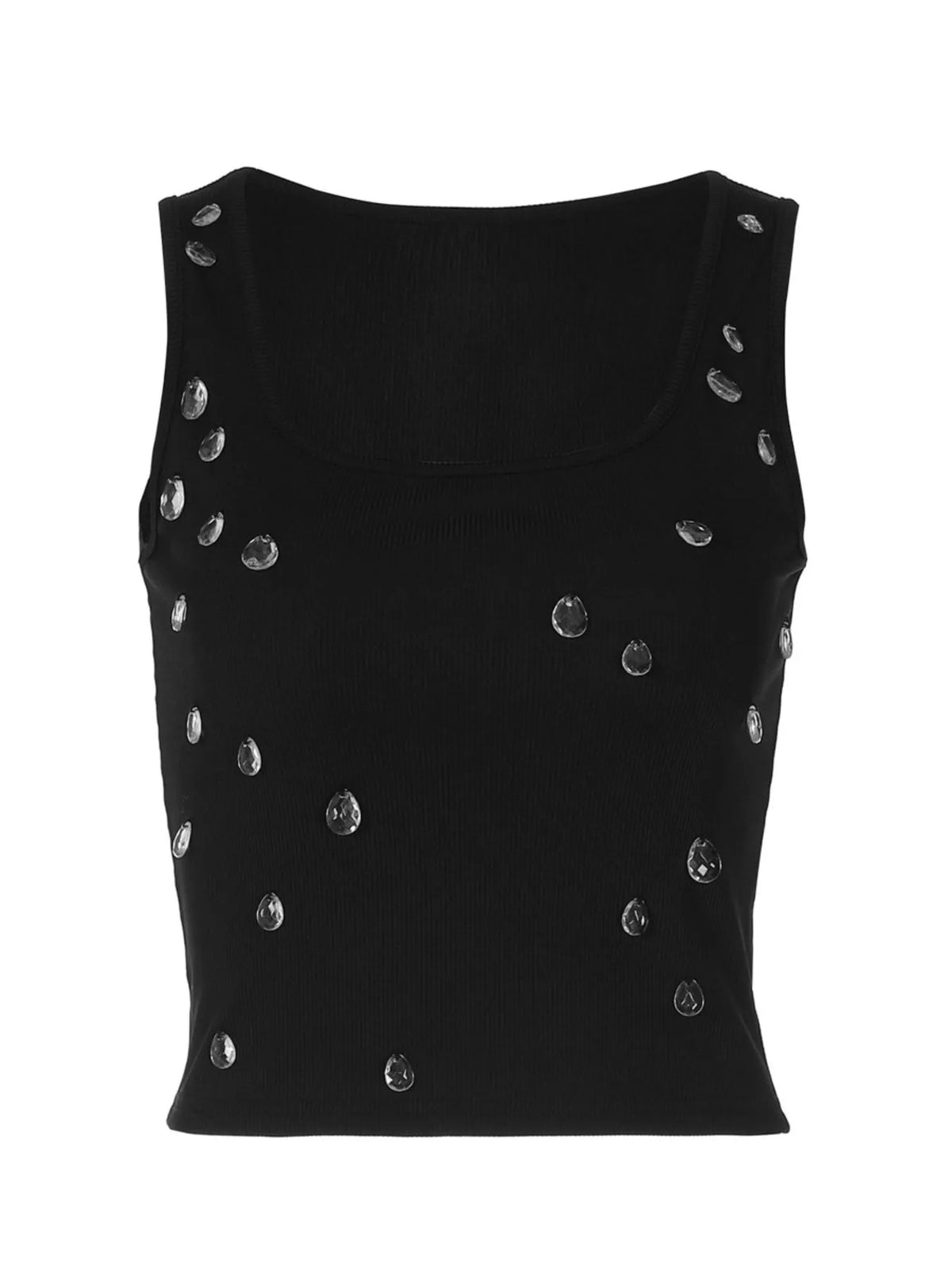 Square neckline detail on the embellished tank