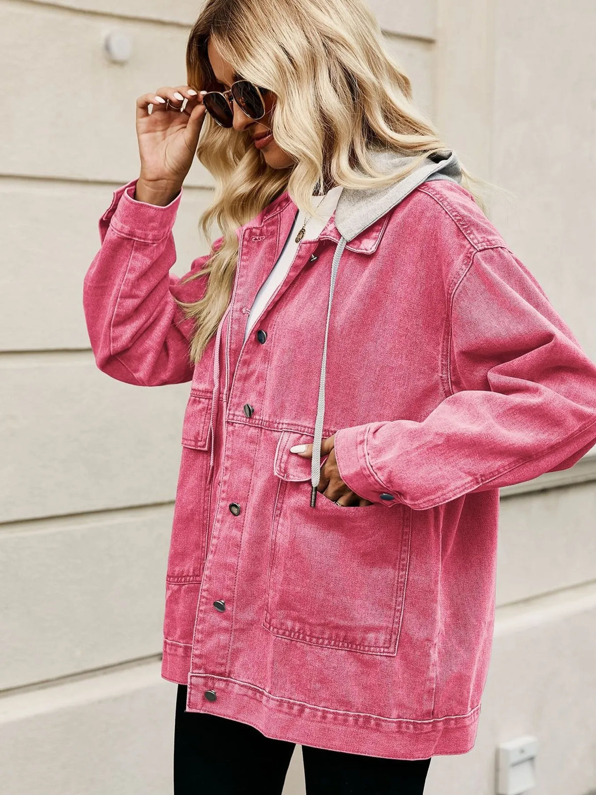 Oversized Hooded Denim Jacket in Light Blue side view