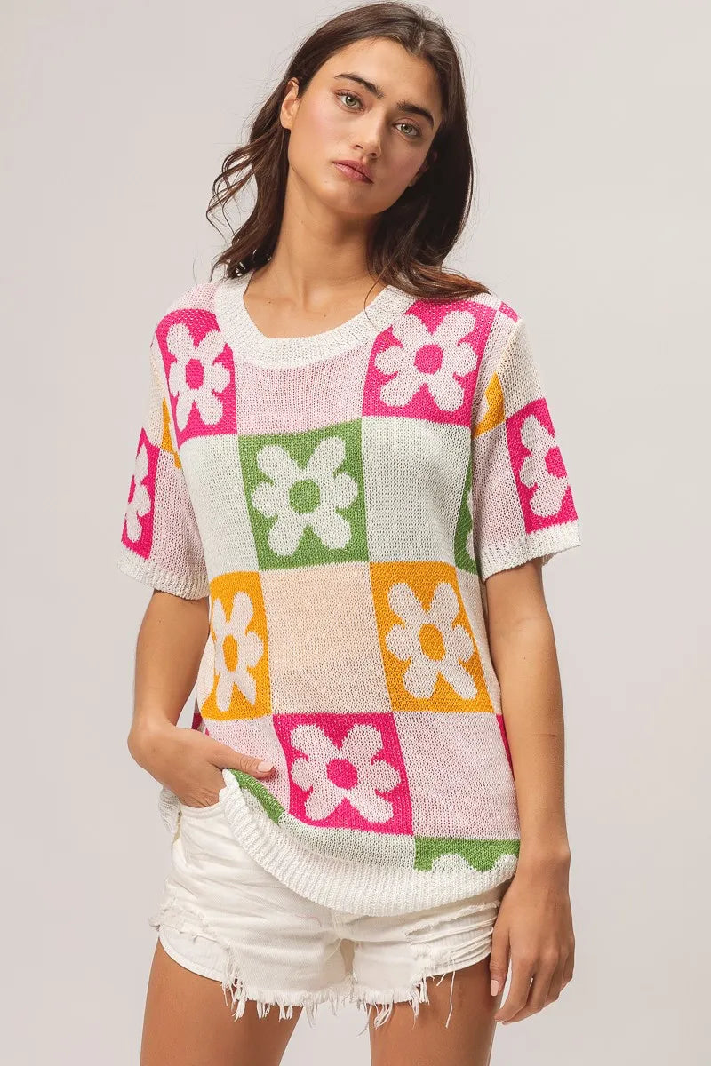 Floral Check Lightweight Sweater Top view 11