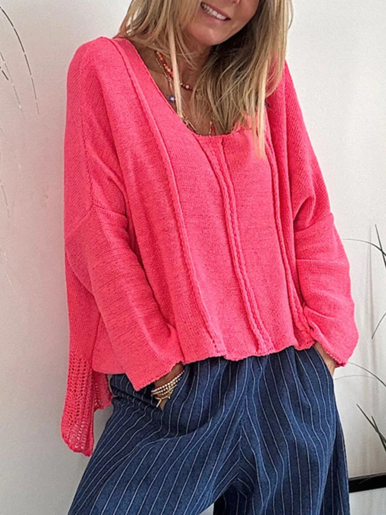 High-Low Drop Shoulder Sweater Strawberry - Fashorio