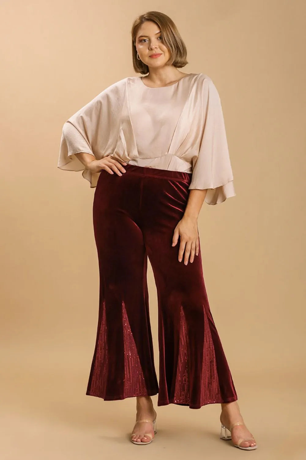 Umgee Full Size Sequin Elastic Waist Velvet Stretch Flare Leg Pants Plus Size - Fashorio