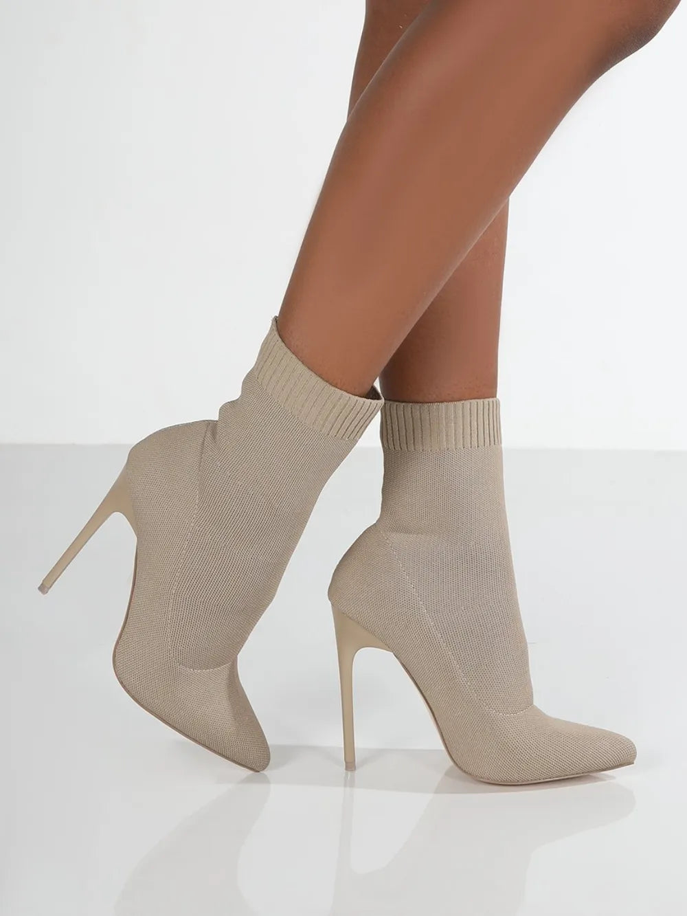 Mesh pointed toe stiletto boots styled on model