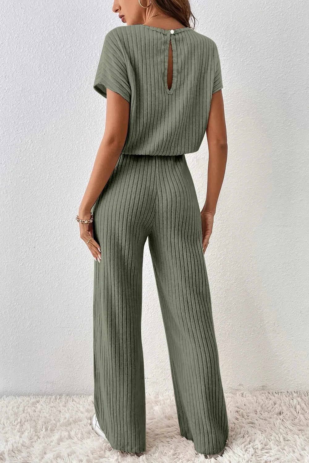 Ribbed Short Sleeve Wide Leg Jumpsuit - Fashorio
