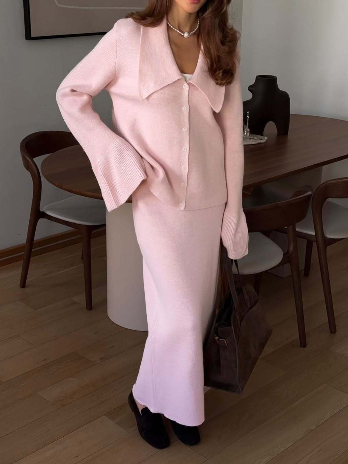 Button Down Cardigan and Skirt Knit Set, view 15