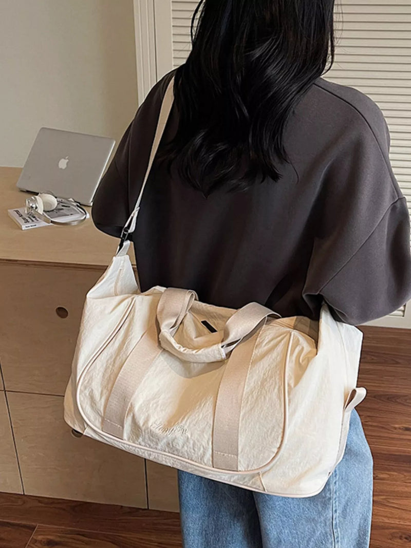 Cream white oxford cloth duffel bag front view