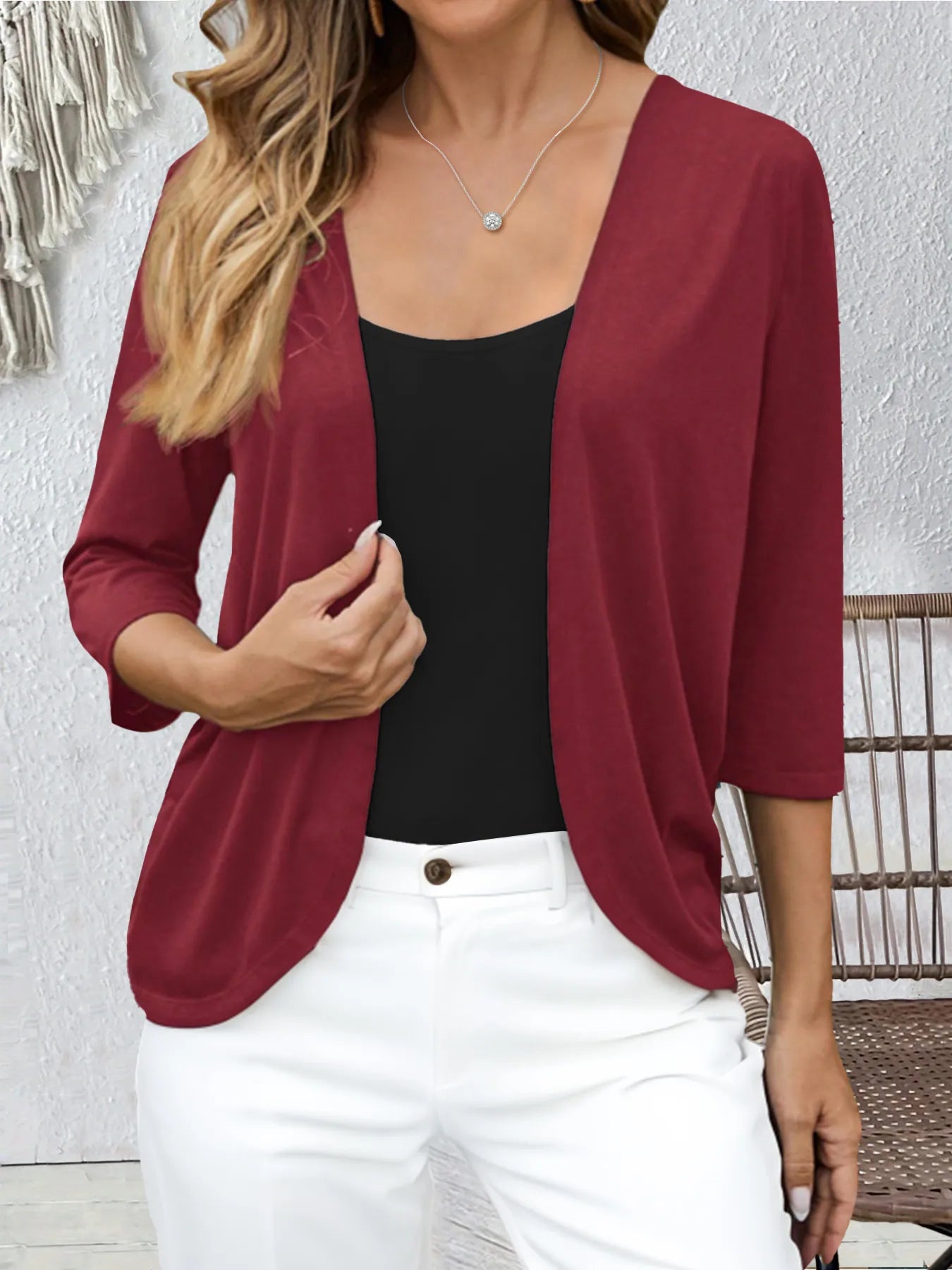 Open Front 3/4 Sleeves Cardigan Burgundy - Fashorio
