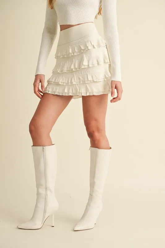 MABLE Ruffled Detail High Waist Knit Mini Skirt - Fashorio