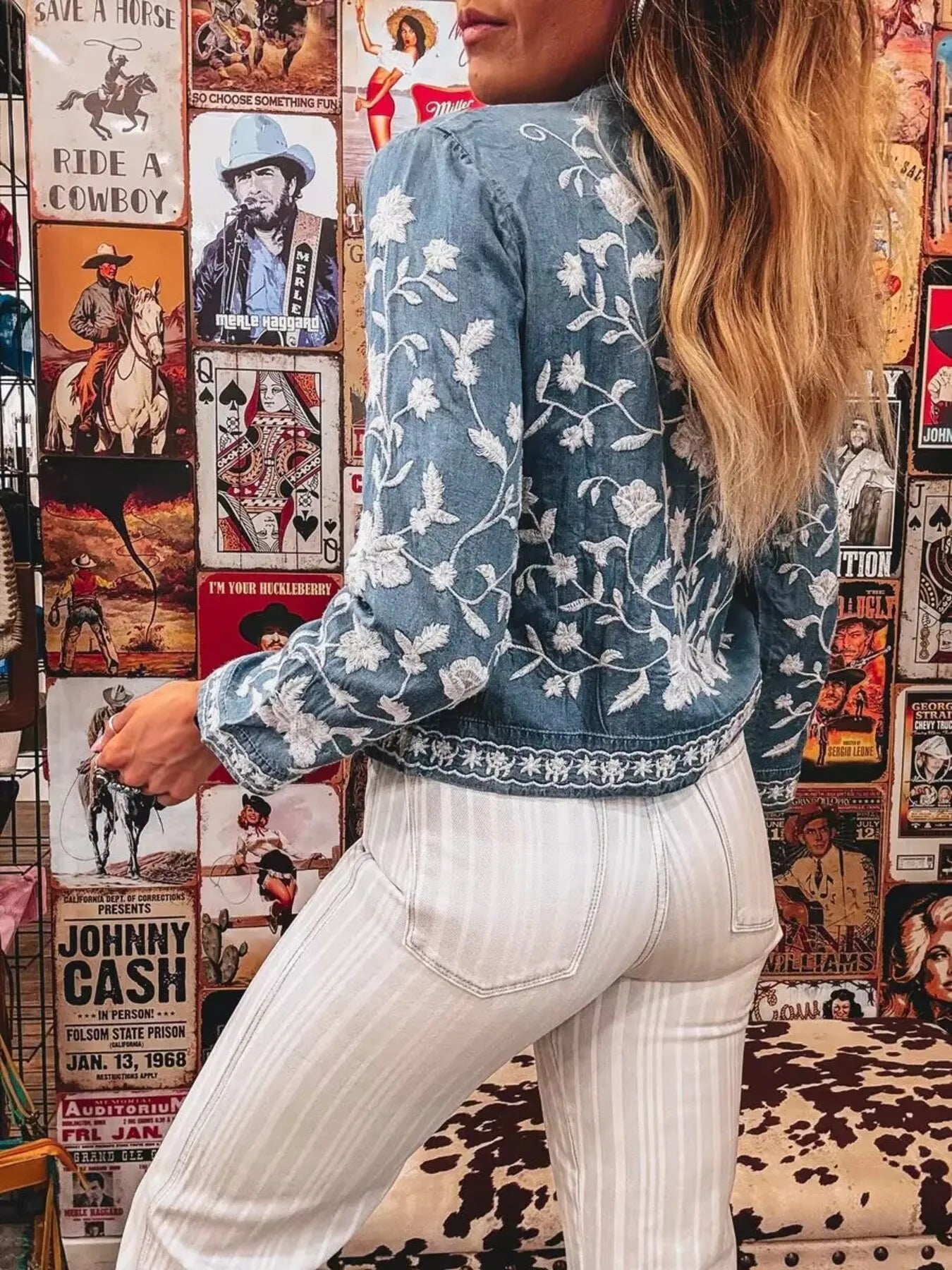 Floral Embroidered Button Up Denim Shirt - Fashorio