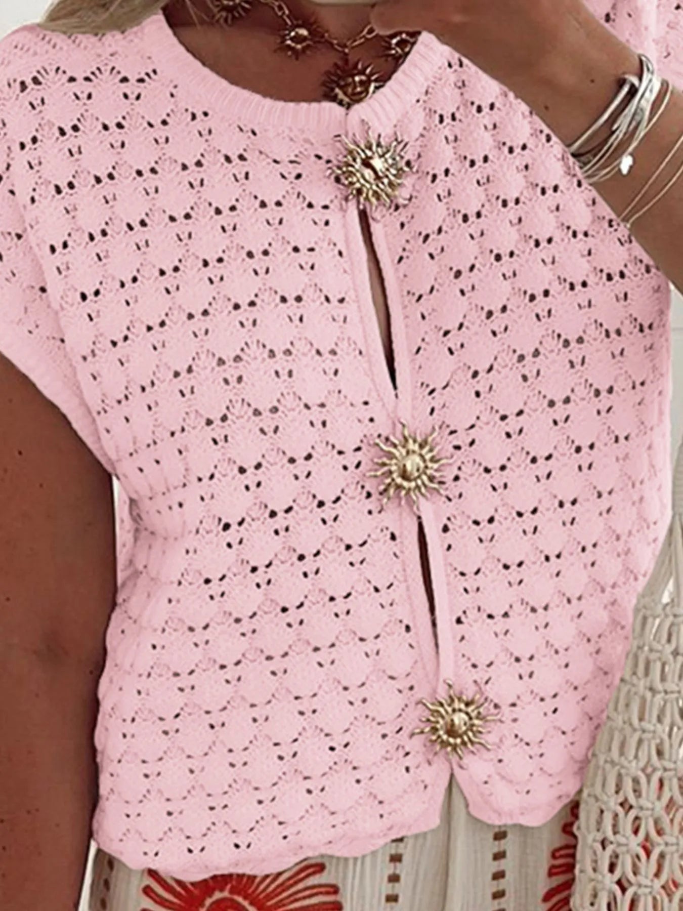 Crochet Short Sleeve Button Front Cardigan - Fashorio