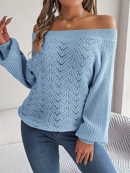Openwork Off-Shoulder Long Sleeve Sweater - Fashorio