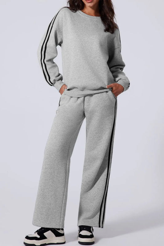 Side Striped Round Neck Top and Pants Active Set Light Gray - Fashorio
