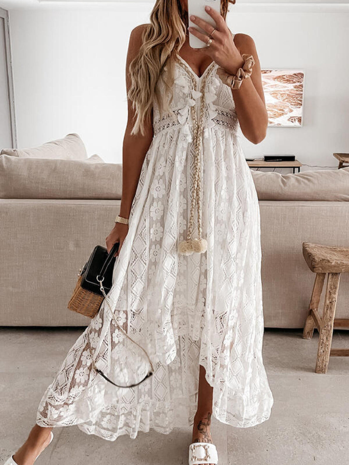 Ruffled lace v neck maxi dress detail view
