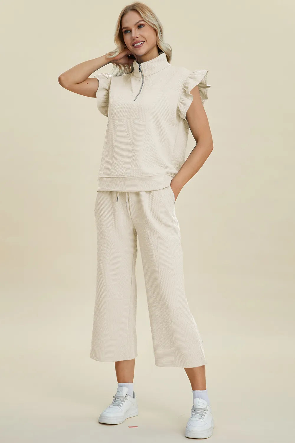 Double Take Full Size Texture Ruffle Short Sleeve Top and Wide Leg Pants Set Ivory - Fashorio