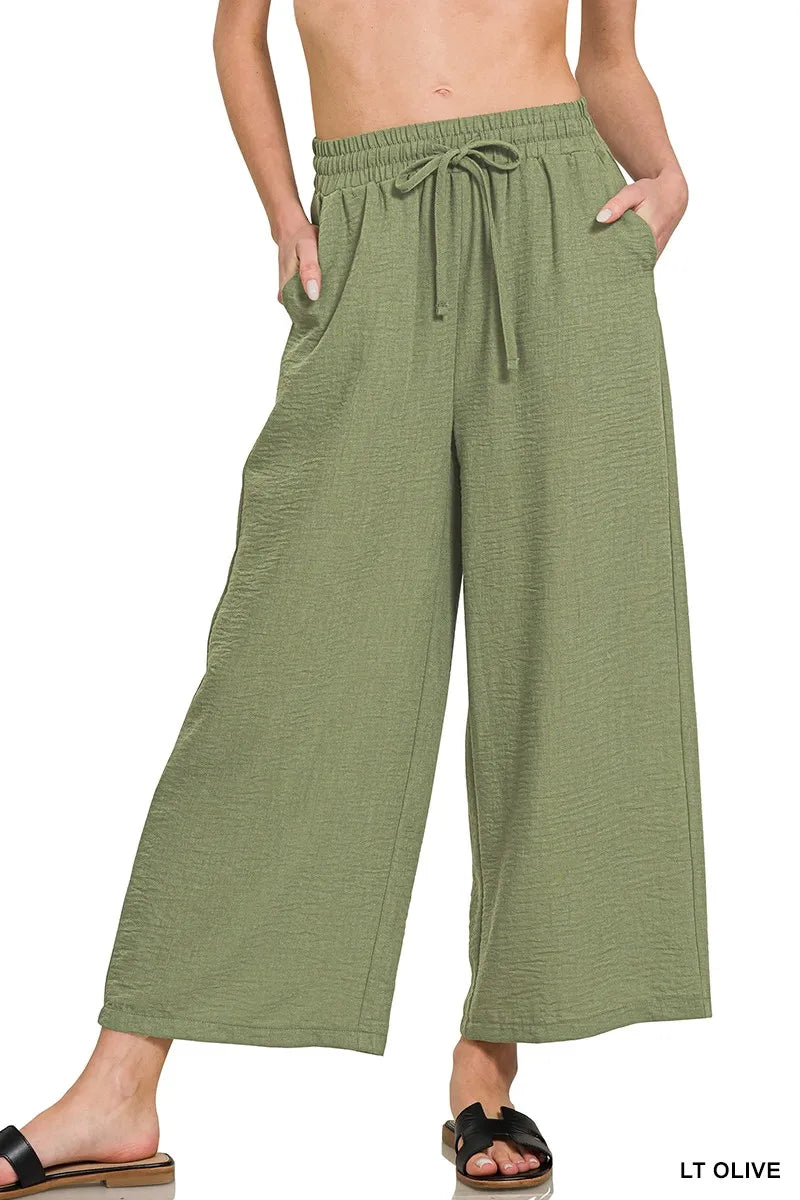 Zenana Woven Crepe Elastic Band Waist Cropped Pants LT OLIVE - Fashorio