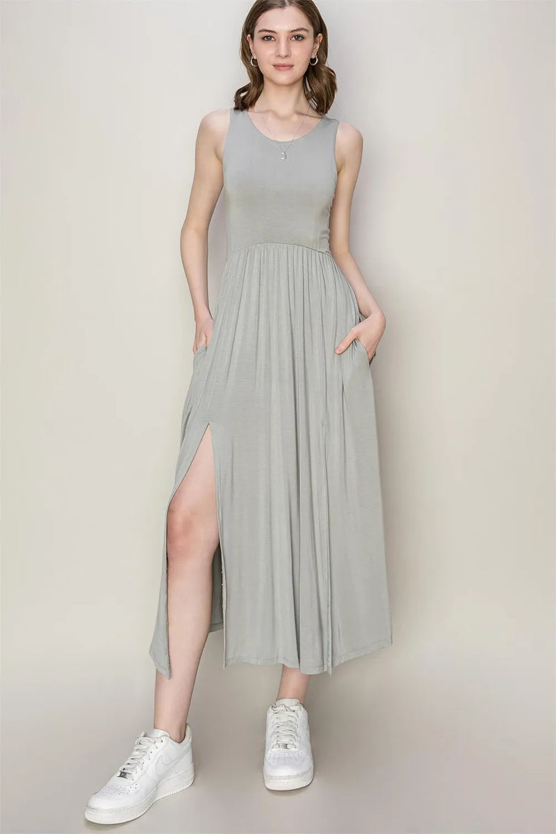 HYFVE sleeveless slit midi dress in gray, front view