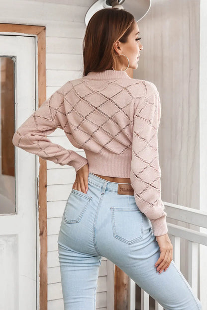 Openwork Plaid Round Neck Cropped Sweater - Fashorio