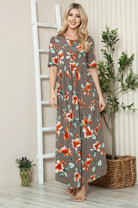 Coffee Brown floral short sleeve maxi tee dress, side profile